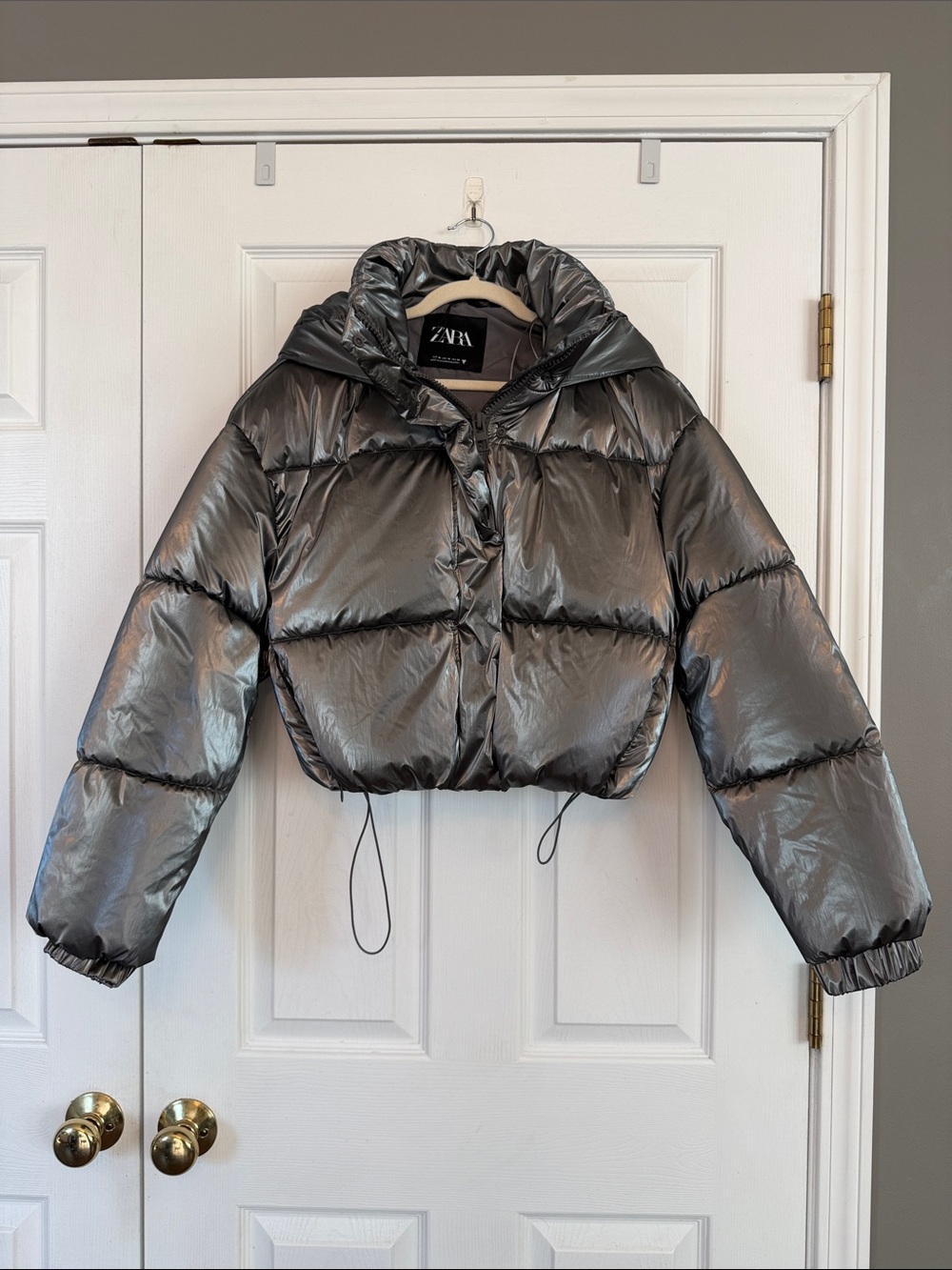 ZARA Metallic Gray Cropped Puffer Jacket with Hood